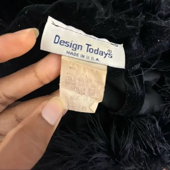 Vintage sexy velvet black top feathers medium mini dress - Picture 6 of 6